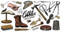 Cobbler set. Professional equipments for Shoe repair. Shoemaker or boot-maker. Cream Hammer Awl Brush Thread Glue Shoe