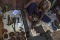 Cobbler Tools and at work Sayajigunj Vadodra Gujarat INDIA