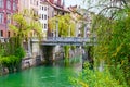 The Cobblers Bridge across Ljubljanica River, Ljubljana, Slovenia Royalty Free Stock Photo