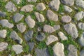 Cobbles close-up with a green grass in the seams. Old stone pavement texture. Cobblestoned pavement . Abstract background Royalty Free Stock Photo