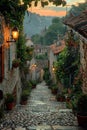 A cobblestone alleyway in an old European town Royalty Free Stock Photo