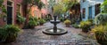 A cobblestone alleyway opens up to reveal a classic fountain centerpiece, framed by lush potted plants and historic