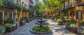 A cobblestone alleyway opens up to reveal a classic fountain centerpiece, framed by lush potted plants and historic