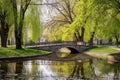 cobblestone bridge over a peaceful pond in a city park