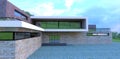 Cobblestone courtyard in front of the house designed in a minimalist style. Front entrance to the premises. The facade is finished