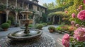 A cobblestone courtyard is graced by a sculpted fountain and vibrant pink roses in full bloom Royalty Free Stock Photo