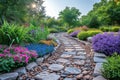 A cobblestone garden path winds through a beautifully manicured garden on a summer morning