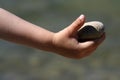 Cobblestone held in child right hand