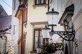 Picture of a typical street of ljubljana, slovenia, with a focus on public street lanterns, vintage. Royalty Free Stock Photo