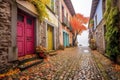 cobblestone path with colorful doors and windows