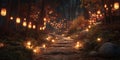 Cobblestone Path Illuminated by Traditional Lanterns in an Autumn Forest at Dusk Royalty Free Stock Photo