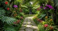 Cobblestone path meanders through a lush garden, lined with diverse tropical Royalty Free Stock Photo