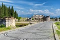 Cobblestone pathway to Domitian gate ruins in the ancient Greco Roman city Hierapolis, Pamukkale, Turkey Royalty Free Stock Photo