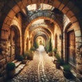 a cobblestone pathway winding through a series of medieval stone arches. Royalty Free Stock Photo