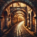 a cobblestone pathway winding through a series of medieval stone arches. Royalty Free Stock Photo