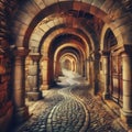 a cobblestone pathway winding through a series of medieval stone arches. Royalty Free Stock Photo
