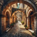 a cobblestone pathway winding through a series of medieval stone arches. Royalty Free Stock Photo