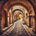 a cobblestone pathway winding through a series of medieval stone arches. Royalty Free Stock Photo