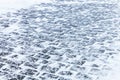 Cobblestone pavement covered with snow and ice Royalty Free Stock Photo