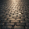 Cobblestone pavement with a slightly reflective surface, likely due to moisture. The Royalty Free Stock Photo