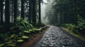 A cobblestone road in the middle of a forest. Generative AI image. Royalty Free Stock Photo