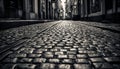 Cobblestone sidewalk, old architecture, black and white generated by AI