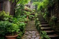cobblestone stairs leading to a hidden garden