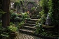 cobblestone stairs leading to a hidden garden