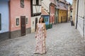 Cobblestone street and colorful 16th century cottages of artisans known as Golden Lane inside the castle walls Prague Czech Royalty Free Stock Photo