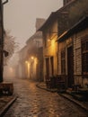 Cobblestone street in a foggy night