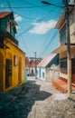 Cobblestone street lined with a tranquil atmosphere in Guatemala, Isla del Flores