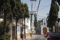 Cobblestone street of Mexico City in the rustic town of the Assumption shot of walls painted in two colors white and yellow in th