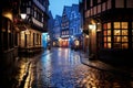 a cobblestone street at night