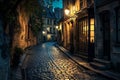 Cobblestone Street at Night in a European City, A charming cobblestone street in an old European city, lit by soft lanterns, AI Royalty Free Stock Photo