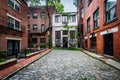 Cobblestone street and old buildings in Beacon Hill, Boston, Mas Royalty Free Stock Photo