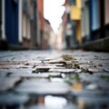 A cobblestone street with a puddle of water on it, AI