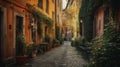 Cobblestone street in rome, italy with plants and pots on the side of the street