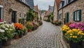 Cobblestone street in a small town with houses and colorful flowers, generative ai