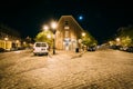 Cobblestone streets at night, in Fells Point, Baltimore, Maryland.