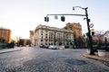 Cobblestone traffic circle and historic buildings in Mount Vernon, Baltimore, Maryland