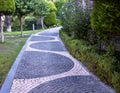 Cobblestone walk in the garden in summer.