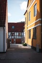 Cobblestoned alley with old crooked half-timbered houses in Lund Sweden