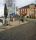 Cobblestoned street , trolley rails, Lisbon, Portugal