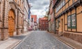 Cobblestones and colorful houses in the streets of Quedlinburg