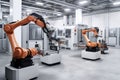 a cobot performing precise tasks on a factory line, with other robots nearby