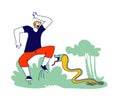 Cobra Attack Frightened Man. Character is Attacked with Snake, Wild Animal Danger during Traveling or Outdoor Recreation