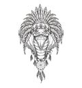 Cobra in the Indian roach. Indian feather headdress of eagle. Hand draw vector illustration