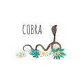 Cobra with text for different design and tattoo. Cartoon style icon of a snake with tropical leaves, flowers.