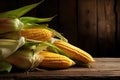 Cobs of ripe raw corn laid on dark wood textured table. Healthy summer food concept. Fresh uncooked corncob.