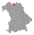 Coburg county red highlighted in map of Bavaria Germany